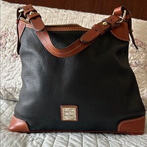 Dooney & Bourke Black Leather Messenger with Brown Trim and Strap